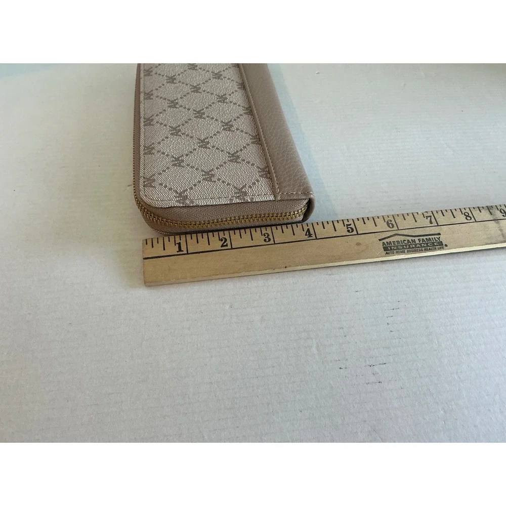 Anne Klein Monogram Zip Around Wallet Taupe Beige Logo Gold Tone Lion Large Slim